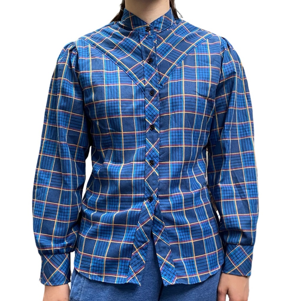 Vintage 80s Wrangler Western Shirt High Neck Collarless Shirt Blue size 9 10 M